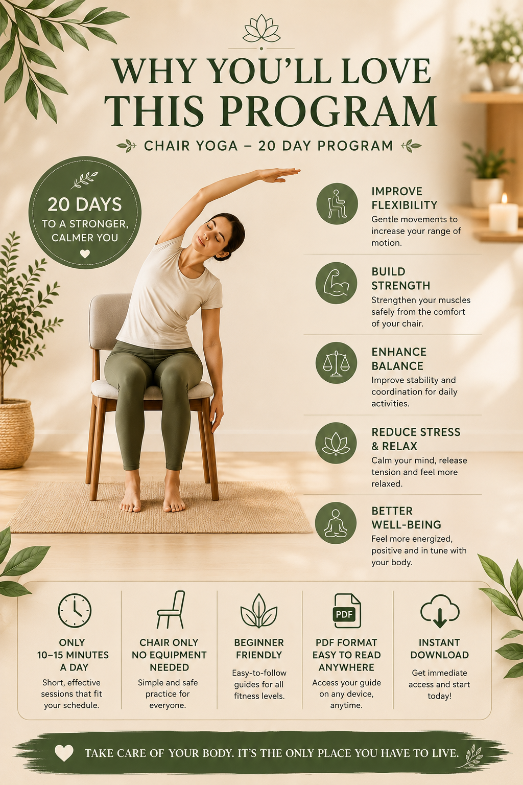 Chair Yoga – 20 Day Program | Gentle Daily Exercises for Seniors & Beginners